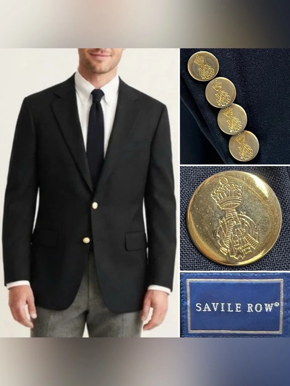 Savile Row Men's 43L Navy Blue Wool Gold Button Blazer Jacket Sport Coat